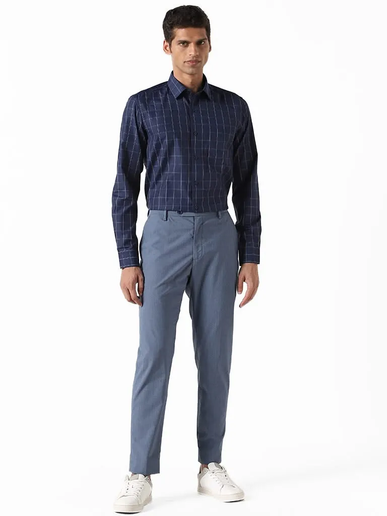 WES Formals Checked Navy Slim-Fit Shirt