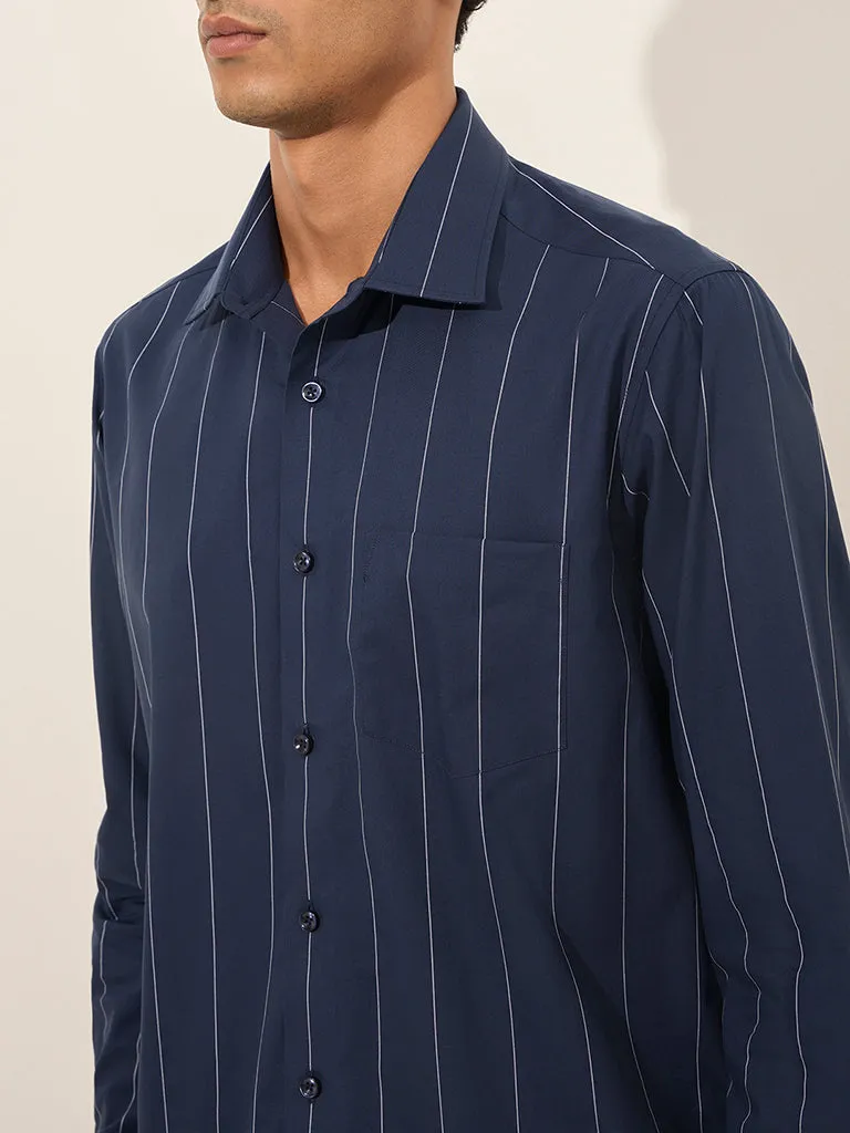 WES Formals Navy Striped Relaxed-Fit Cotton Shirt