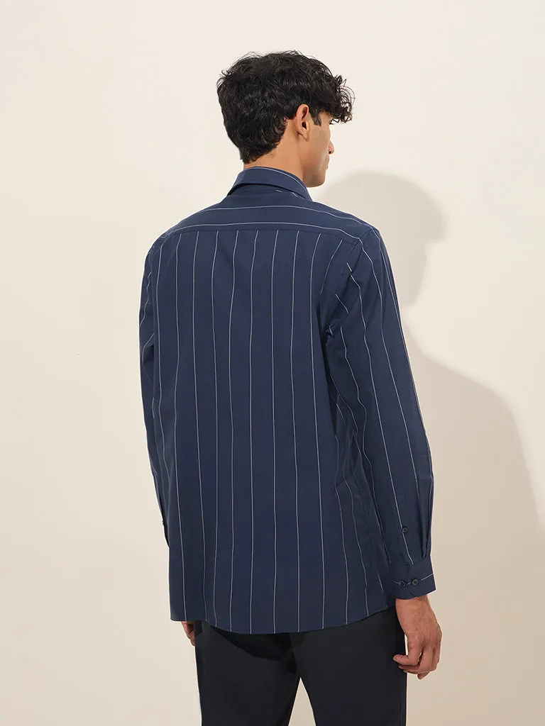 WES Formals Navy Striped Relaxed-Fit Cotton Shirt