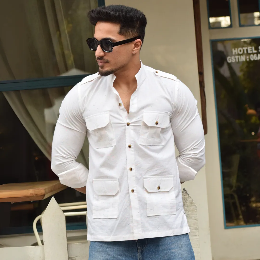 White Cotton Self-Print Hunting Style Shirt