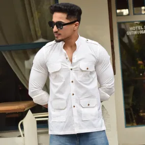 White Cotton Self-Print Hunting Style Shirt