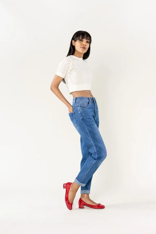 Wholesale High Waisted Comfortable Stretch Mom Jeans Blue