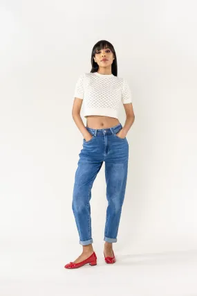 Wholesale High Waisted Comfortable Stretch Mom Jeans Blue