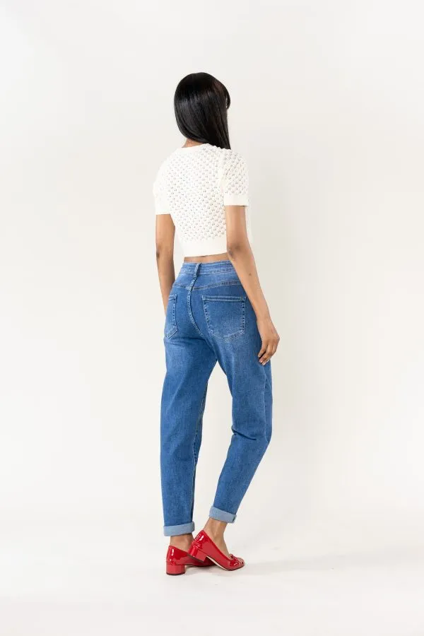 Wholesale High Waisted Comfortable Stretch Mom Jeans Blue