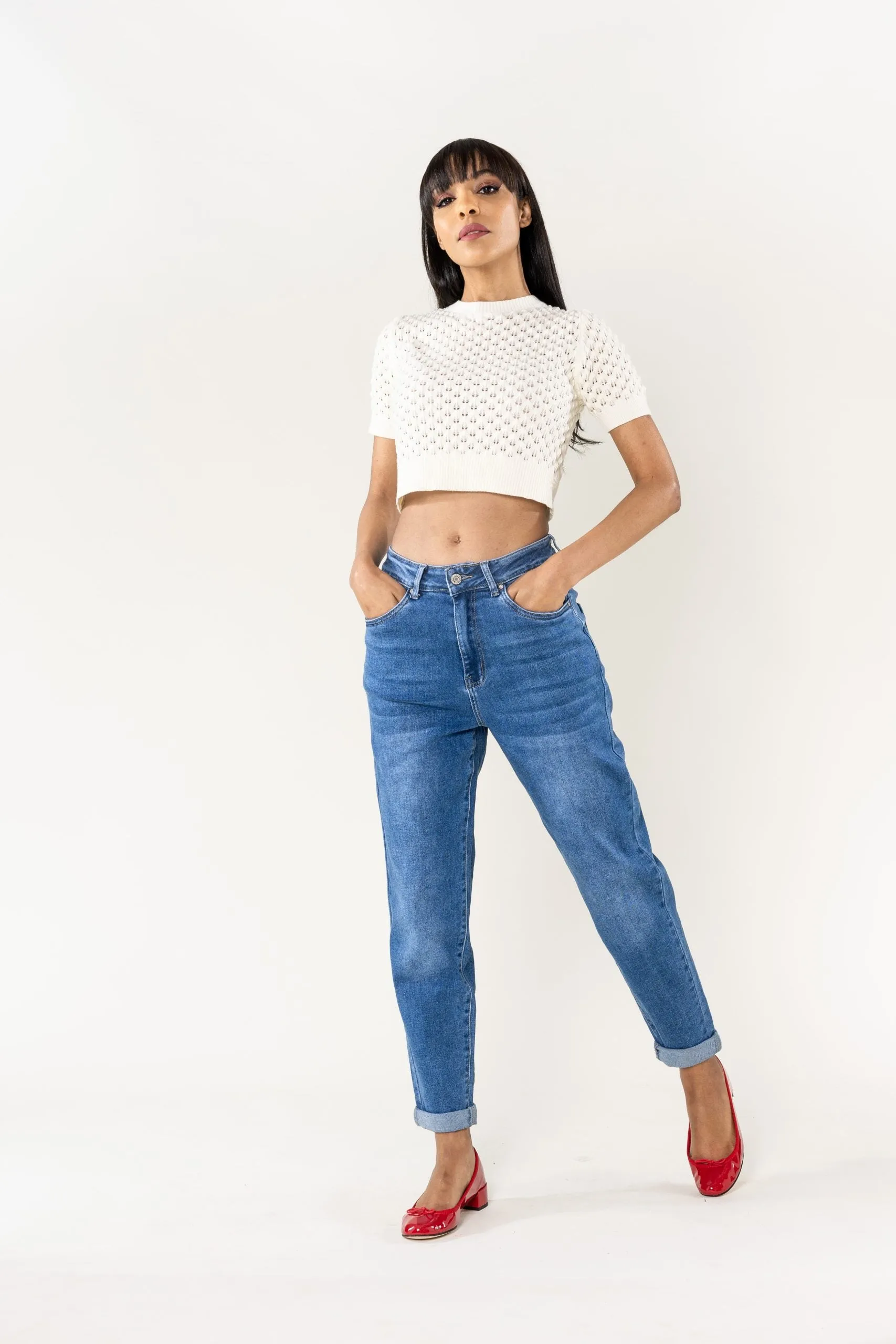 Wholesale High Waisted Comfortable Stretch Mom Jeans Blue