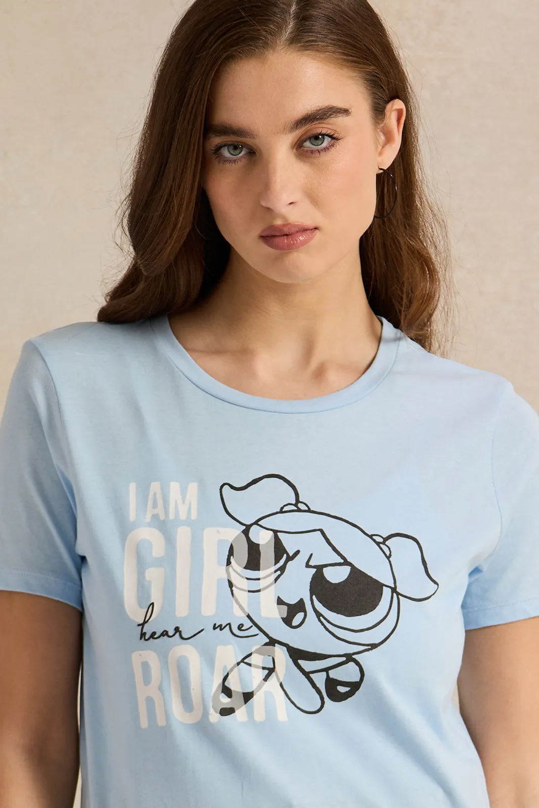 Women Blue Power Puff Printed T-Shirt