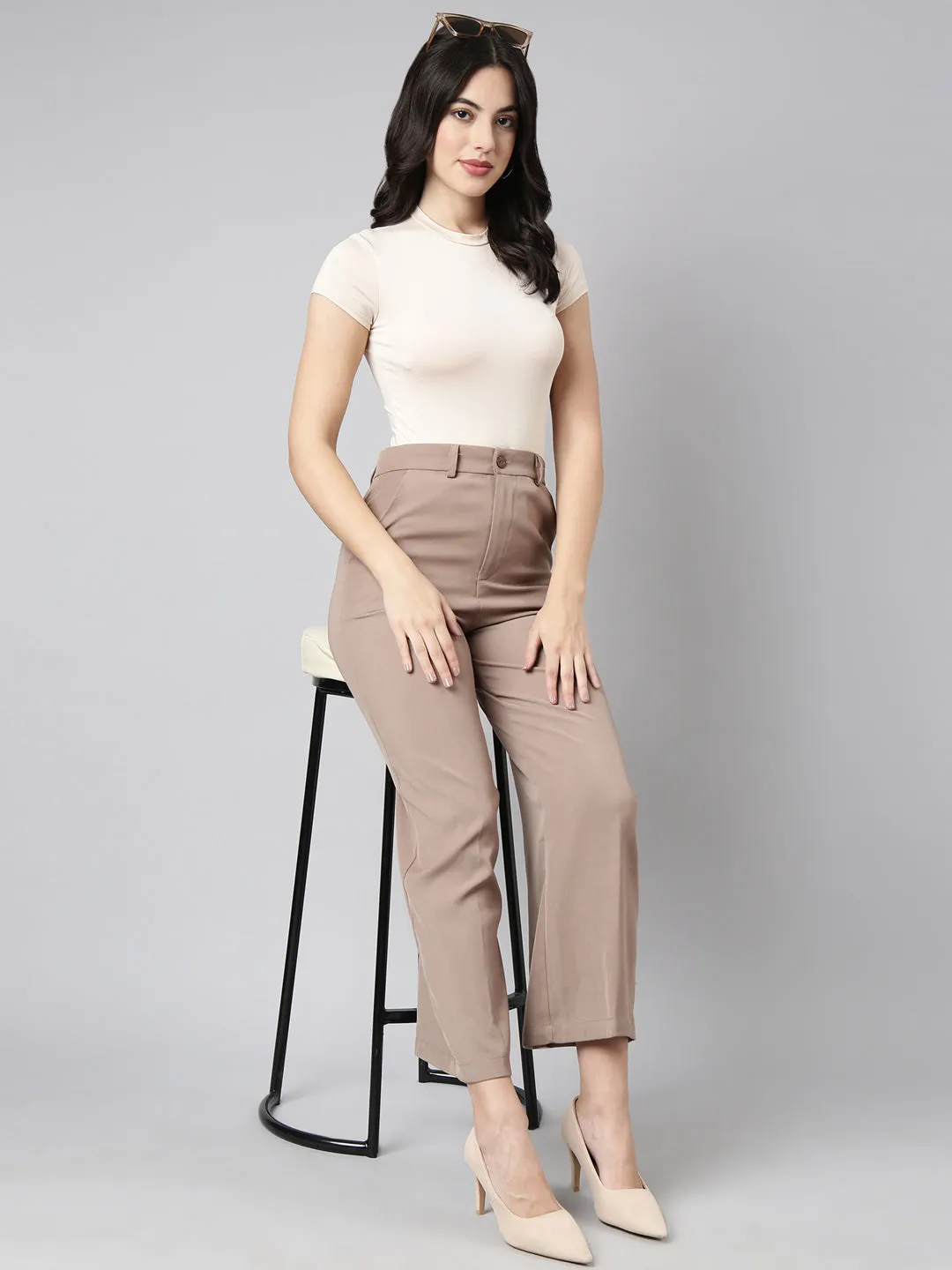 Women Solid Beige Parallel Trousers