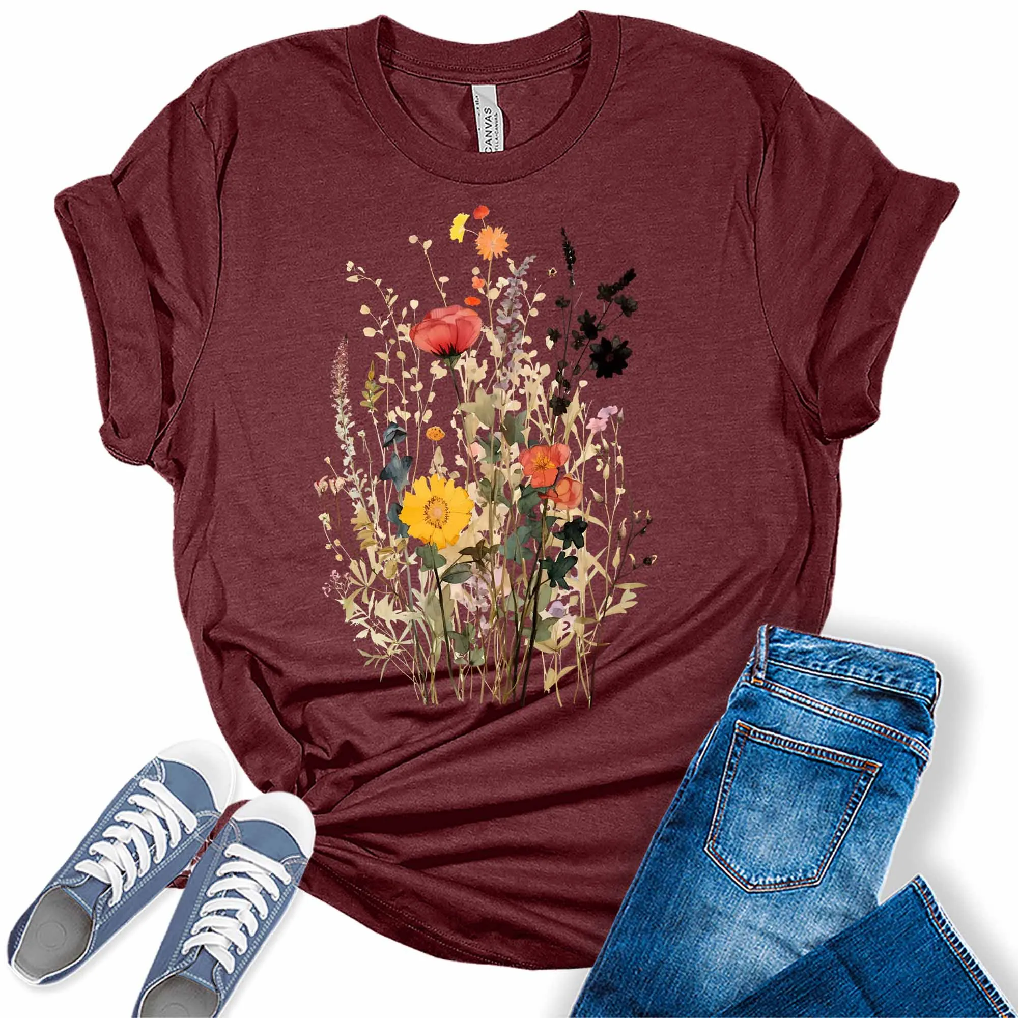 Womens Boho Flower Shirt Cute Wildflower Graphic Tees