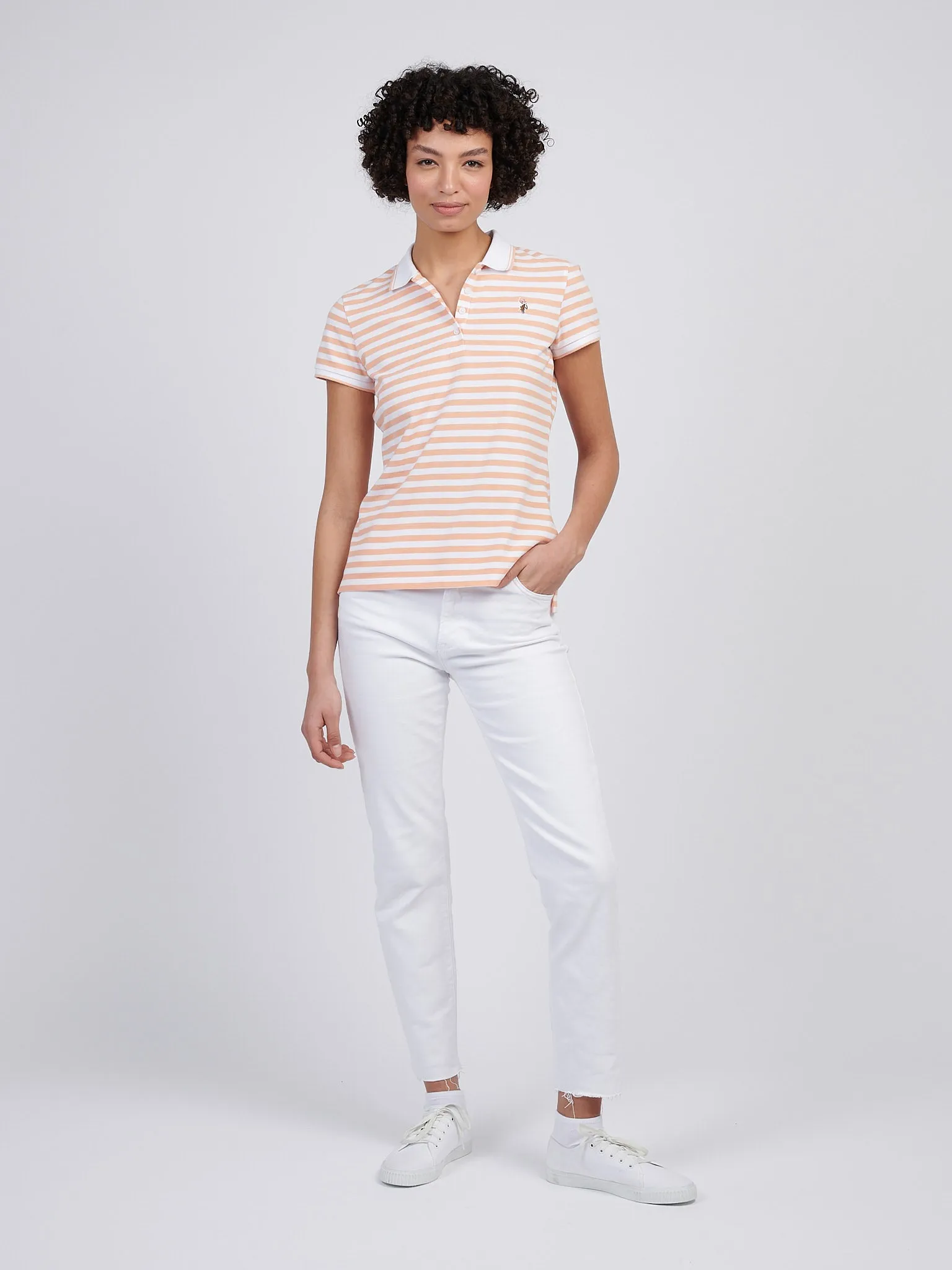 Womens Stripe Polo Shirt in Peach Nectar