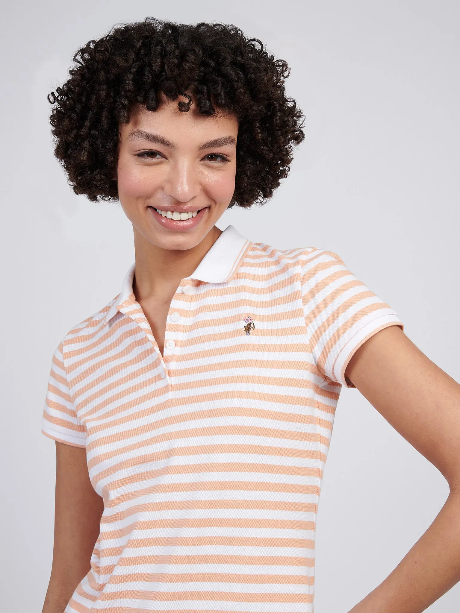 Womens Stripe Polo Shirt in Peach Nectar